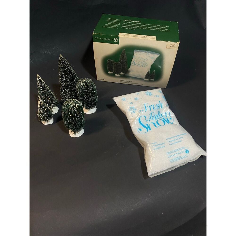Lot of Department 56 Village- Landscape Starter Set- 5 Trees & Snow & Bench